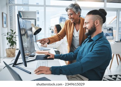 Business people, woman manager and computer for planning, teamwork and website design feedback. Professional worker, employees and mentor on desktop for marketing solution, office advice and support - Powered by Shutterstock