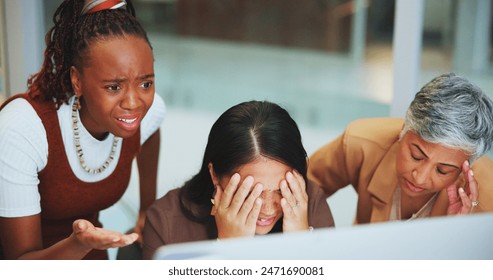 Business people, women and mistake with stress, computer and error with startup failure, 404 glitch and conflict. Group, coworkers and staff with pc, sad or emotion with anxiety, deadline or bad news - Powered by Shutterstock