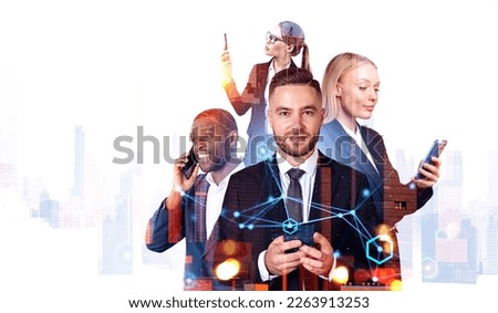Business people work together having online conference meeting discussing company development prospects. City skyscrapers, digital network interface. Concept of teamwork, cooperation and partnership
