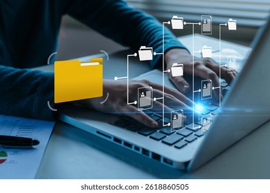 business people working document management system on laptop computer with graphic icon diagram on desk, digital marketing, cloud computing, business finance, internet network technology concept - Powered by Shutterstock - Get 15% off with code: PIKWIZARD15