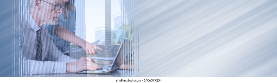 Business People Working On Laptop In Office, Double Exposure; Panoramic Banner