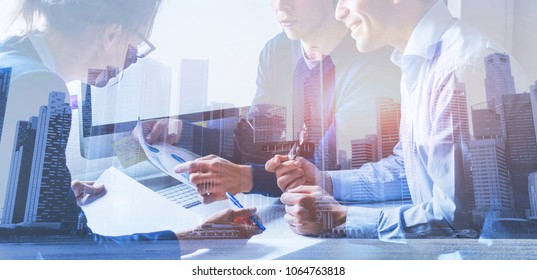 business people working marketing plan  together in modern office  teamwork  double exposure banner