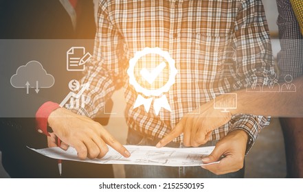 Business People working with sign of the top service Quality assurance, Guarantee, Standards, ISO certification and standardization concept. Start up business, Quality assurance of business services - Shutterstock ID 2152530195