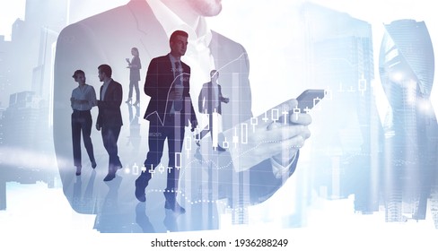 Business People working together, analysts trying to predict stock market behavior. CEO in front view holding a cup of coffee, concept of lunch time and break.Moscow on background. Double exposure