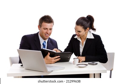 Business People Working Together At Desk, White Background.