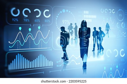 Business People Working Together, Diverse Silhouettes And Glowing Digital Business Data Analysis On Virtual Screen. Concept Of Conference And Network