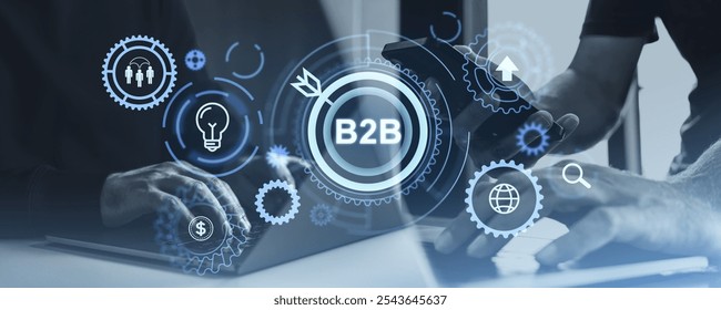 Business people working together, hands using phone and laptop closeup toned image. B2b gears hologram hud with icons. Concept of financial marketing, business to business and global connection - Powered by Shutterstock