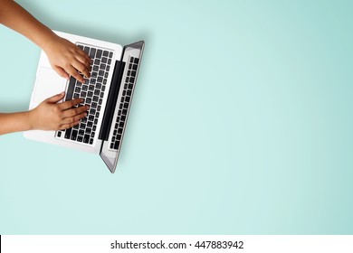 Business People Working With Using Digital Laptop On Blue Desk Top View With Copy Space.