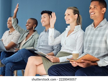 Business people, workshop and diversity, hands up and participation, workplace seminar and corporate meeting for learning new skills. Collaboration, men and women, business training session with tech - Powered by Shutterstock