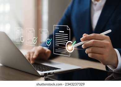 Business Performance Checklist, Businessman Conducting Online Survey on Laptop, enhancing business performance with a comprehensive checklist.