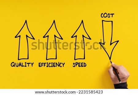 Business performance management and improvement concept. Hand draws arrows indicating increased quality, speed, efficiency and decreased or reduced costs.