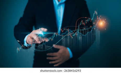 Business person analyzing financial graphs, symbolizing market growth, investment strategies, and economic development. Concepts of stock trends, Corporate finance, future planning, and data analytics