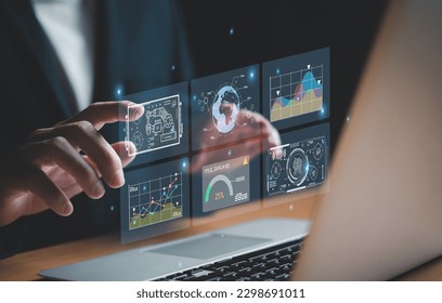Business person dress in formal suit holding an icon that show the component of Business that do digital transformation for industrial or manufacturing vertical. - Powered by Shutterstock - Get 15% off with code: PIKWIZARD15