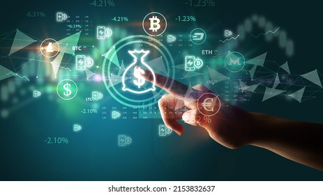 Business person hand pushing currency symbol on multimedia touch screen - Shutterstock ID 2153832637