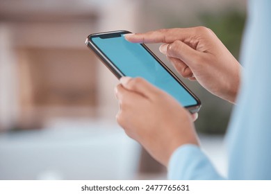 Business person, hands and mobile screen in office for social media, communication or networking. Closeup, online and temp employee with smartphone for company FAQ, scroll internet or reading news - Powered by Shutterstock