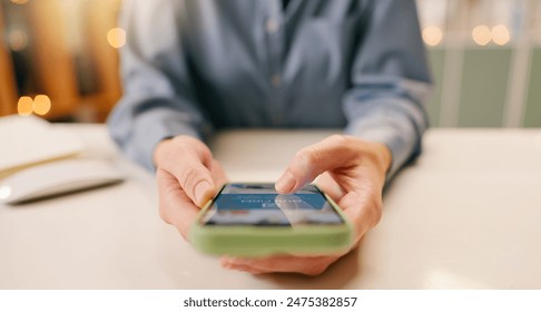 Business, person or hands on phone to scroll for email in office for networking on app for social media. Screen closeup, internet or secretary texting on mobile for research or online news on website - Powered by Shutterstock