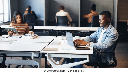 Business person, laptop and coworking in office for journalist career, research and typing. Hybrid work, male freelancer and technology for article headline, story or online submission deadline