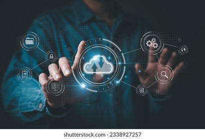 Business person migrate data and corporate information into cloud technology for data security and back up as disaster recovery site and prevent for cyber crime. Data inventory for enterprise. - Shutterstock ID 2338927257