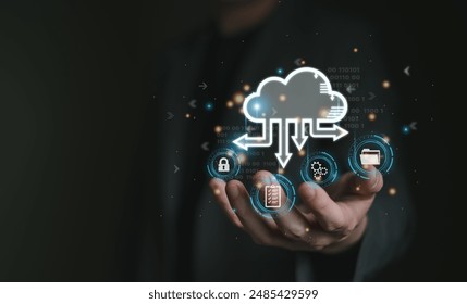 Business person migrate data and corporate information into cloud technology for data security and back up as disaster recovery site and prevent for cyber crime. Data inventory for enterprise.