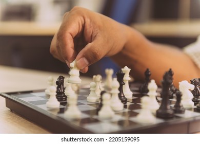 Business Person Play Chess Game. Office People Have A Break By Test Brian Using Puzzle Board Train In Free Time. Smart Employee Practice Intelligence Match Chess Board In A Break Desk At Workplace.