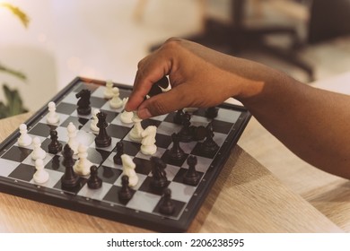 Business Person Play Chess Game. Office People Have A Break By Test Brian Using Puzzle Board Train In Free Time. Smart Employee Practice Intelligence Match Chess Board In A Break Desk At Workplace.