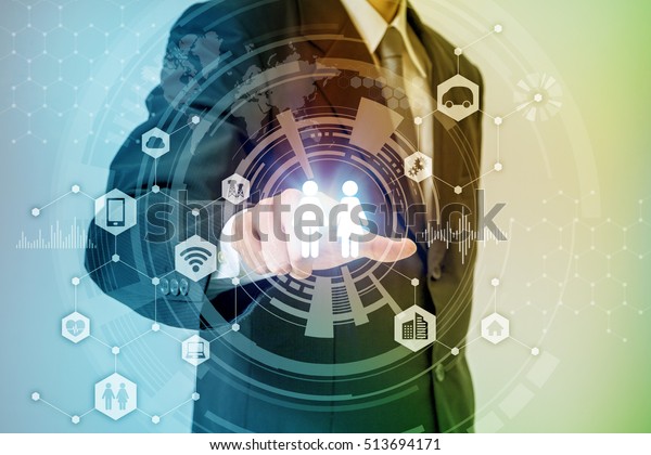 business person pointing symbolic
icon of people, internet of things, conceptual
abstract