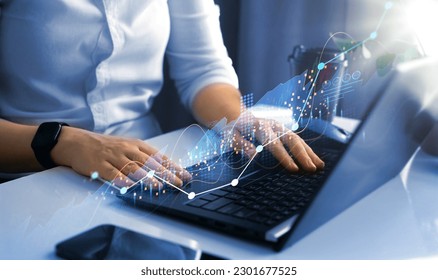 Business person pursues his income with growing holograms towards a great success.Digital marketing, financial,development and business strategy.	