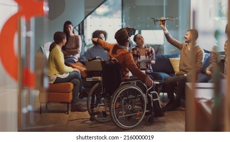 Business Person With Special Needs At Work In Modern Open Space Coworking Office On Team Meeting Using Virtual Reality Goggles.