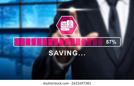 Business person in suit touches saving database icon with pink loading bar at 87 percent. Data Saving Progress Technology, data uploading, downloading and backup