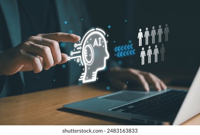 Business person think before make decision to lay off employee and using AI technology to replace workforce for more productivity and cost saving. AI Digital transformation that impact to human