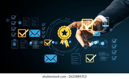 Business person touching digital icons for certification, checklist, and email on dark futuristic background, concept of digital quality compliance - Powered by Shutterstock - Get 15% off with code: PIKWIZARD15