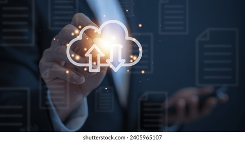 Business person use cloud computing holographic. Cloud technology. Data storage. Networking and internet service to softwares in business and sharing data management to customer business partner file. - Powered by Shutterstock