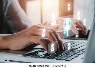 Business Person Using Computer Laptop For Selection Human Resource On A Virtual Screen Interface To Company. Human Resource Management, HR, Recruitment, Leadership And Teambuilding,