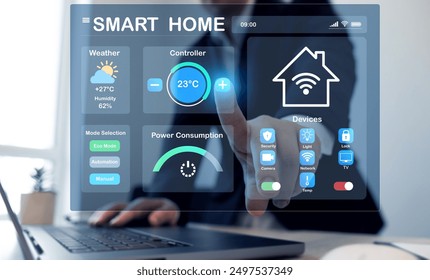 Business person using digital dashboard of smart home app for control home appliances. Technology assistant for smart devices,intelligent house or smart home technology. - Powered by Shutterstock