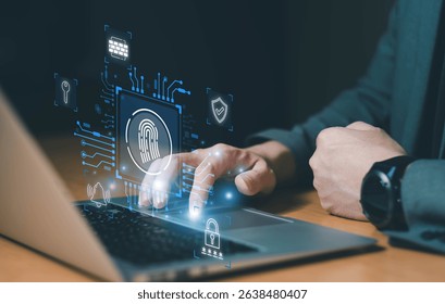 Business person using fingerprint sensor as biometric identification to login as username and password and access through security and network firewall. Technology digital cyber threat prevention.  - Powered by Shutterstock - Get 15% off with code: PIKWIZARD15