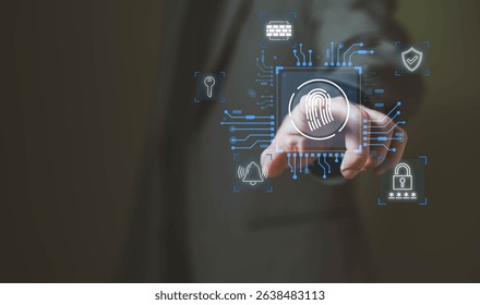Business person using fingerprint sensor as biometric identification to login as username and password and access through security and network firewall. Technology digital cyber threat prevention. - Powered by Shutterstock - Get 15% off with code: PIKWIZARD15