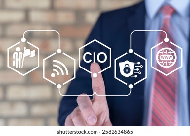 Business person using virtual touch screen clicks acronym: CIO. CIO - Chief Information Officer or Chief Investment Officer Business Technological concept.