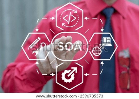 Business person using virtual touch screen push abbreviation: SOA. SOA Service Oriented Architecture Business Technology Concept.