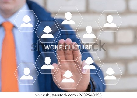 Business person using virtual touch screen push inscription: WOKE CULTURE. Woke Culture Social Issues Political Diversity Pepole Rights concept.