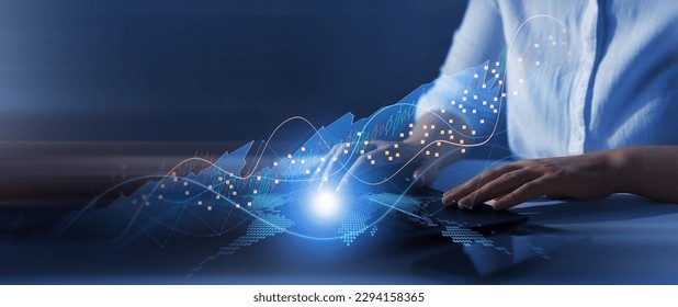 Business person watching the growing graph on a virtual screen.Digital marketing, financial,development and business strategy. - Shutterstock ID 2294158365
