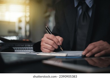 Business person Writing contract law and paper work for business and finance, write document, complete job application forms, contract real estate and insurance concept.	