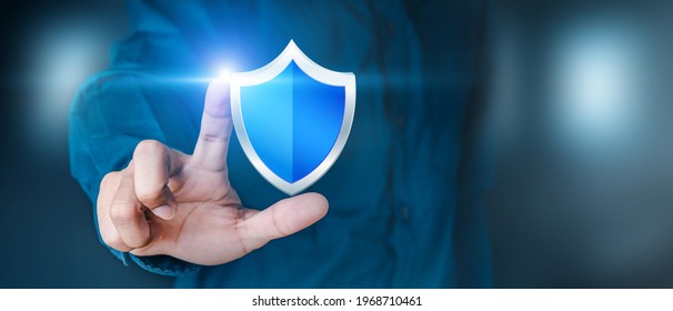 Business Personnel Touch The Shield Icon To Safeguard Data Or Networks, And Virus Security Is Ensured. Insurance And Data Protection Information Security Against Viruses, Business Security Principles