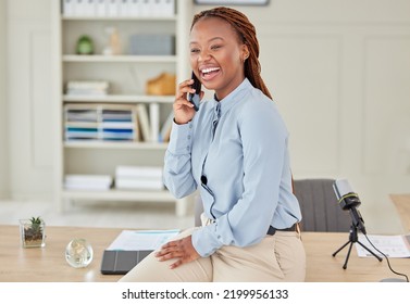 Business Phone Call, Funny Communication And Black Woman In Conversation On Smartphone In Office, Networking With People On Tech And Talking About Startup. Creative Entrepreneur Smile On Mobile