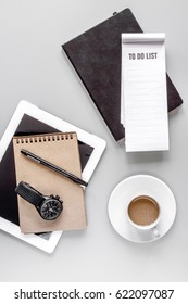 business plan development with notebook and coffee desk background top view mockup