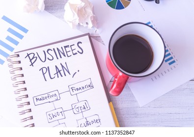Business plan idea sketch with bar chart document and a cup of coffee. Business planning concept