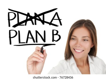 Business plan strategy changing. Woman crossing over Plan A, writing Plan B. Beautiful young smiling businesswoman sketching on virtual screen. Isolated on white background.