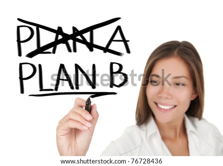 Business plan strategy changing. Woman crossing over Plan A, writing Plan B. Beautiful young smiling businesswoman sketching on virtual screen. Isolated on white background.