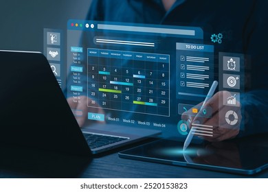 Business Planning Calendar Agenda work schedule and Project management concept. Businessman manages time for effective work with Calendar on virtual screen. Time management. Reminder appointment.