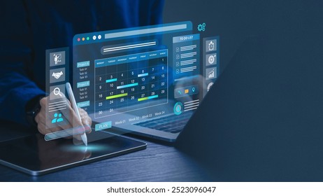 Business Planning Calendar Agenda work schedule and Project management concept. Businessman manages time for effective work with Calendar on virtual screen. Time management. Reminder appointment.