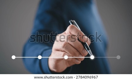 Business planning and progress tracking concept with hand holding pen over timeline interface, representing project management, milestone tracking, workflow planning, and performance monitoring